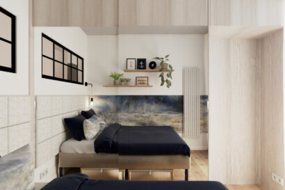 sypialnia z łóżkiem i szafą